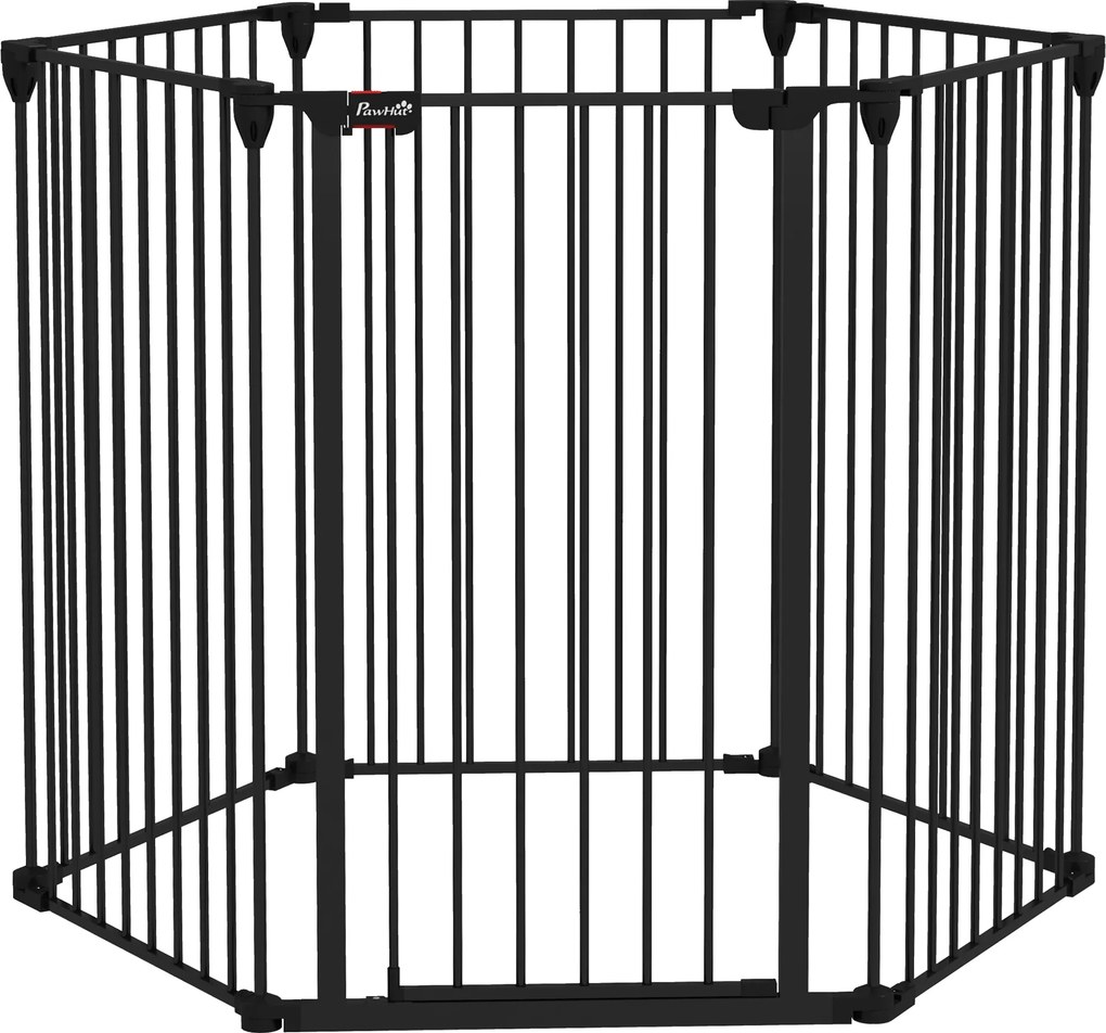 PawHut Tarc de Joacă 2-in-1 Multifuncțional cu Poartă de Siguranță pentru Pisici și Câini, 6 Panouri, Dimensiuni 64x100cm, Înălțime 100cm, Negru | Aosom Romania