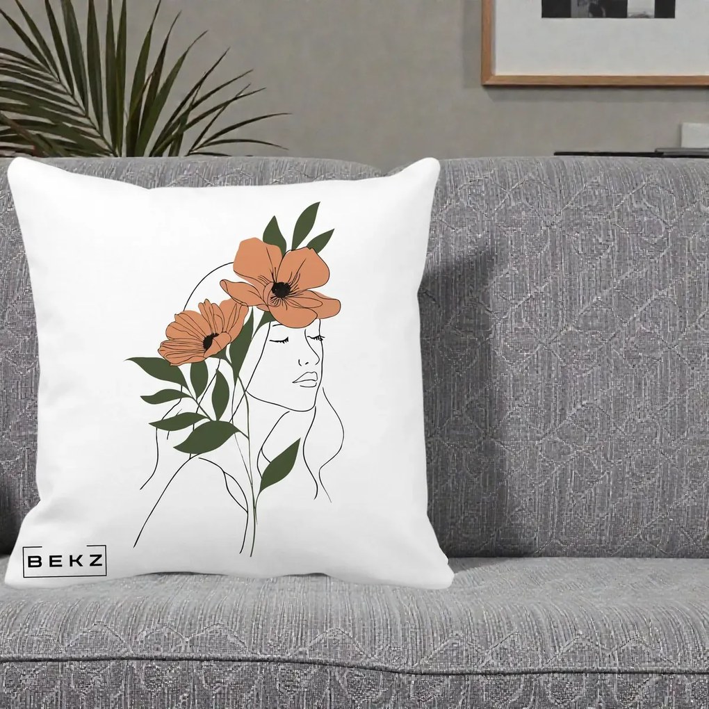 Perna Decorativa Portret Feminin Doua Maci Terracotta, 40x40 cm, Alba Mata, Husa Detasabila, Perna Inclusa, BEKZ®