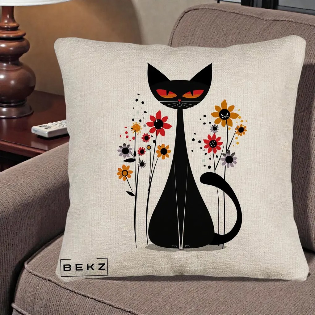 Perna Decorativa Pisica Neagra Ochi Rosii Flori, 40x40 cm, Bej Canapea, Husa Detasabila, Perna Inclusa, BEKZ®
