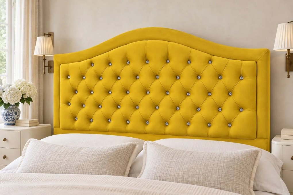 Pat tapițat Chesterfield din catifea Solaria Deluxe Cristal 140×200 cm, galben muștar, cu ladă de depozitare