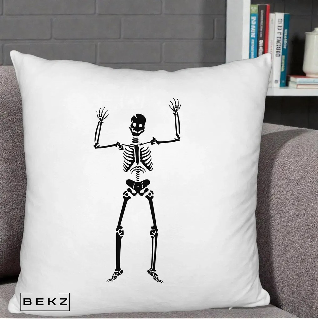 Perna Decorativa Halloween Schelet Dansator, 40x40 cm, Alb Pufos, Husa Detasabila, Perna Inclusa, BEKZ®