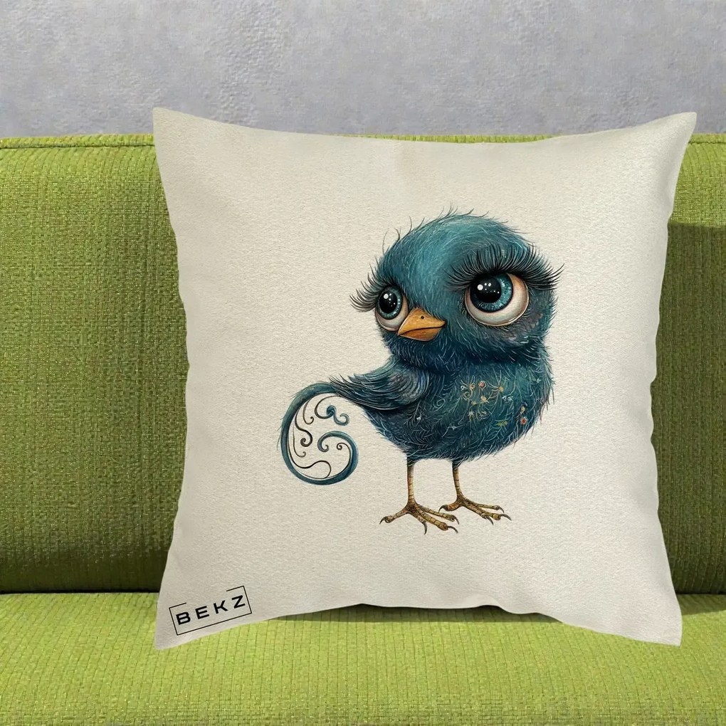 Perna Decorativa Pasare Teal cu Motive Aurii si Coada Spiralata, 40x40 cm, Ecru, Husa Detasabila, Perna Inclusa, BEKZ®