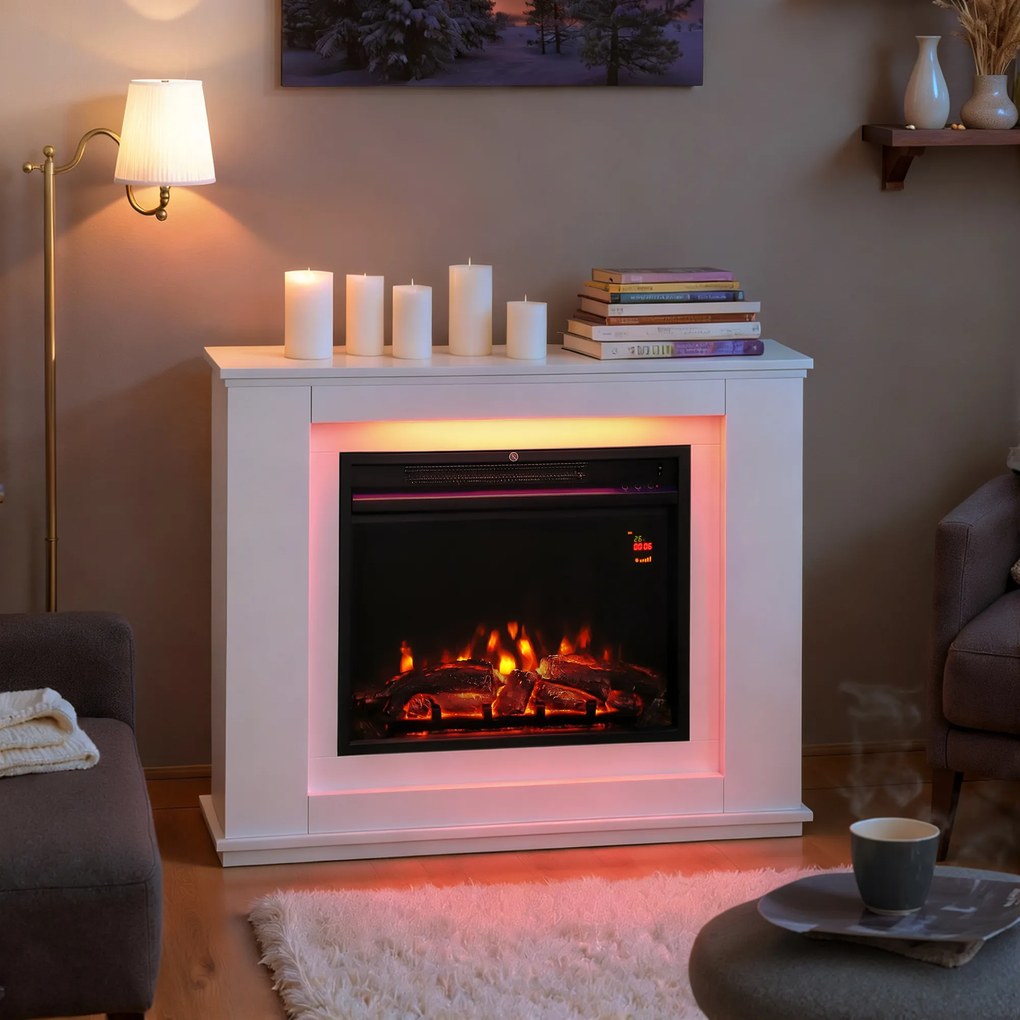 HOMCOM Șemineu Electric cu Flacără în 12 Culori și 5 Niveluri de Luminozitate, Telecomandă și Timer, 98x25x80 cm, Alb și Negru | Aosom Romania