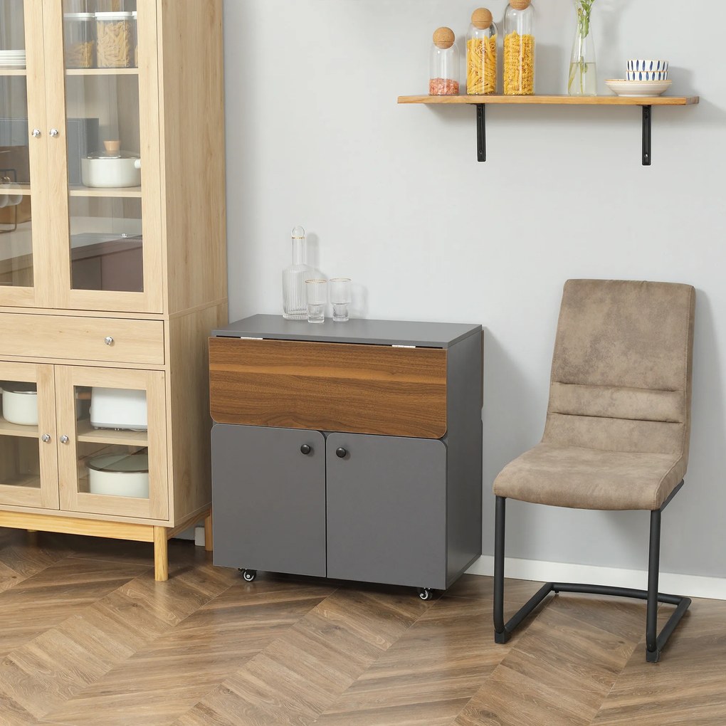 HOMCOM Masă Pliabilă cu Dulap, două părți pliabile la masă, dulap cu rafturi, 4 roți, Gri deschis+Maro închis, 70 x 83 x 75cm | Aosom Romania