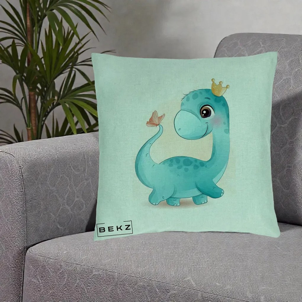 Perna Personalizata Dinozaur Bland Coroana Kawaii, 40x40 cm, Verde Menta, Husa Detasabila, Perna Inclusa, BEKZ®