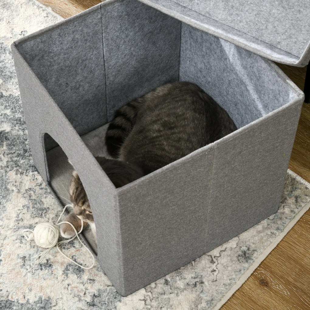 PawHut Căsuță Pliabilă pentru Pisici în Formă de Cub cu Pernă și Tăviță de Zgâriat, 36.5x36.5x36.5 cm, Gri | Aosom Romania