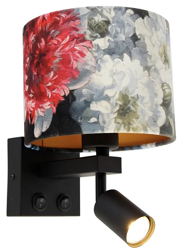 Aplică neagră cu lampă de citit și abajur 18 cm floral - Brescia