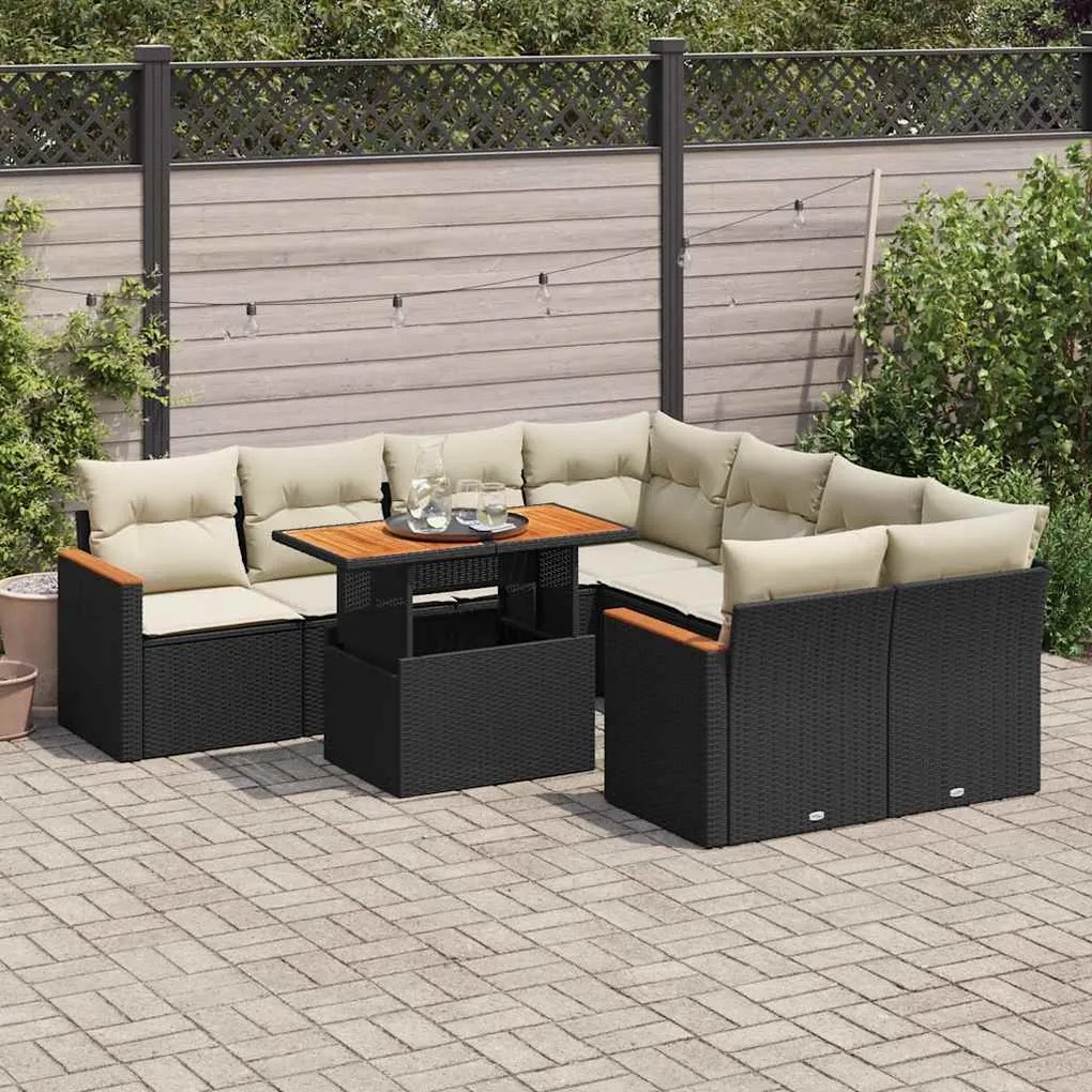 3327465 vidaXL Set mobilier grădină perne 9 piese negru poliratan/lemn acacia