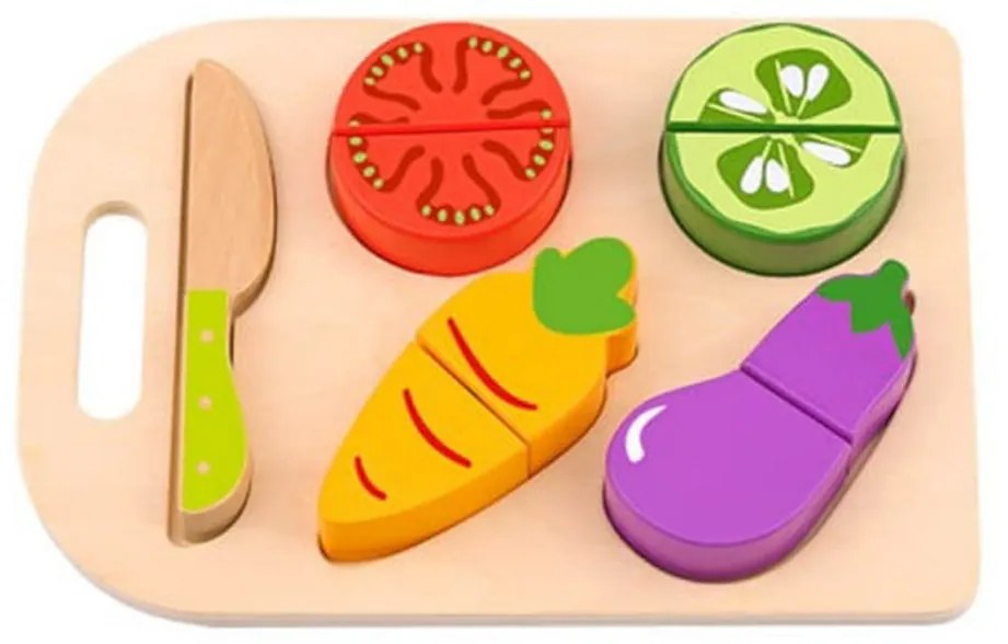 Puzzle 3D din lemn masiv NOVOKIDS™ Wooden Vegetable Cutter, 10 piese, Cu legume taiate, Materiale Eco, Multicolor