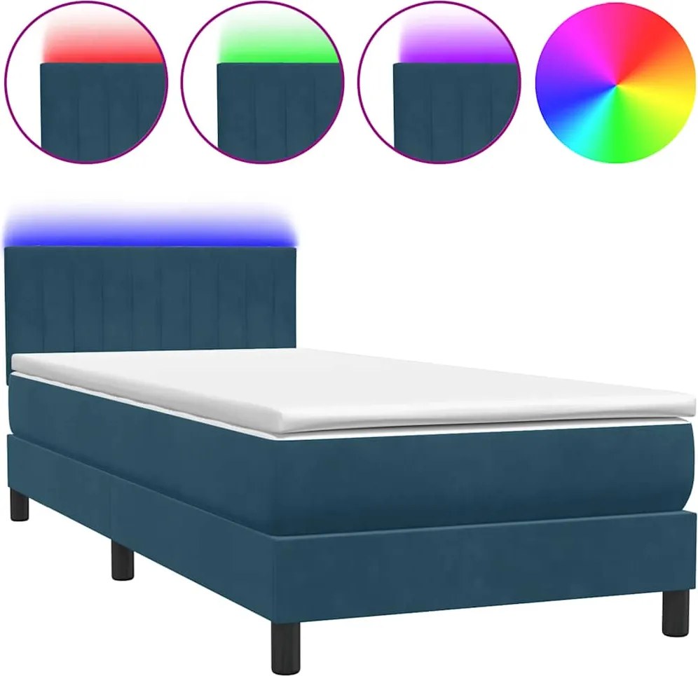 vidaXL Pat cu arcuri cu saltea și LED, albastru închis, 80x220 cm, catifea