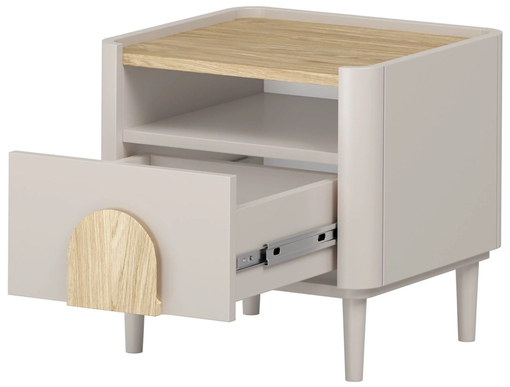 Noptieră Amilio 50 cm - cashmere / stejar uleiat / mânere stejar deschis