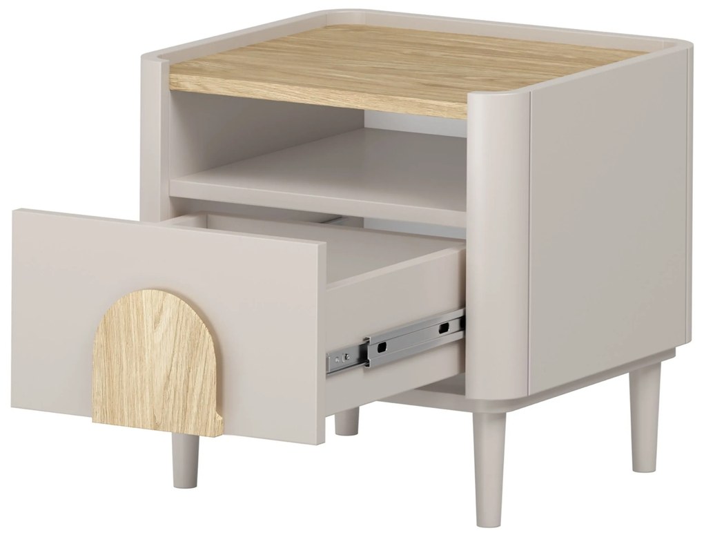 Noptieră Amilio 50 cm pe picioare - cașmir / stejar uleiat / mânere stejar deschis
