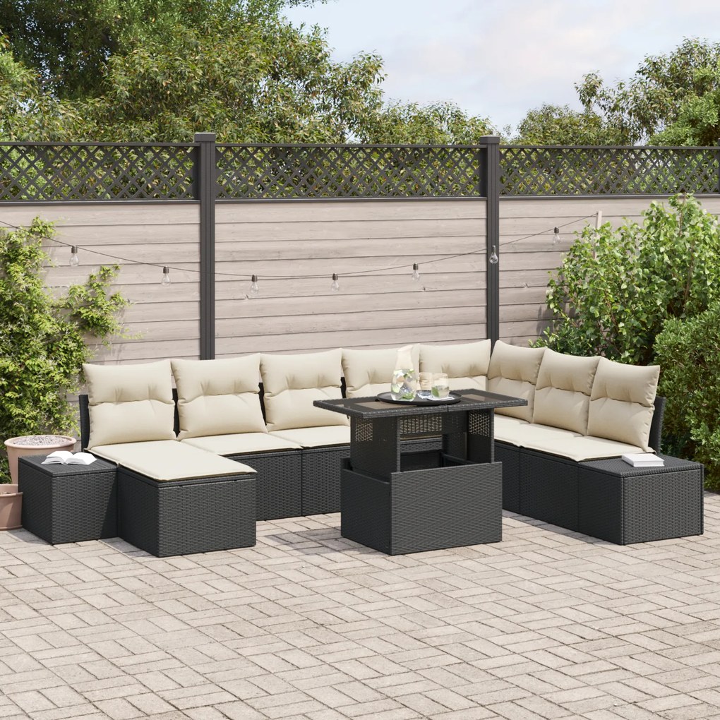 vidaXL Set de canapele pentru grădină, 9 piese, cu perne, din ratan sintetic negru