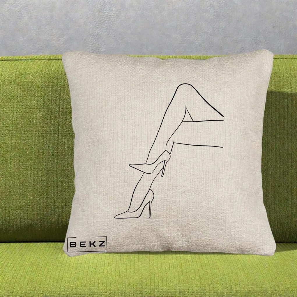Perna Decorativa Picioare cu Tocuri Line Art, 40x40 cm, Bej Canapea, Husa Detasabila, Perna Inclusa, BEKZ®