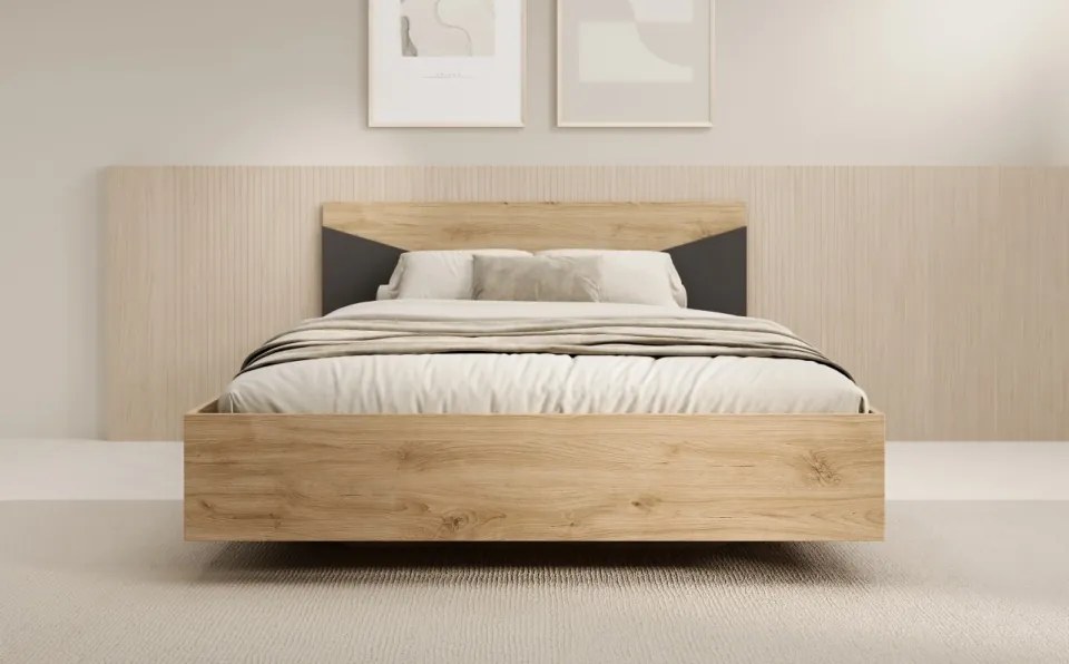 Pat din lemn, Atson, ADRK Furniture (Culoare: Lemn Stejar / Gri Bej)