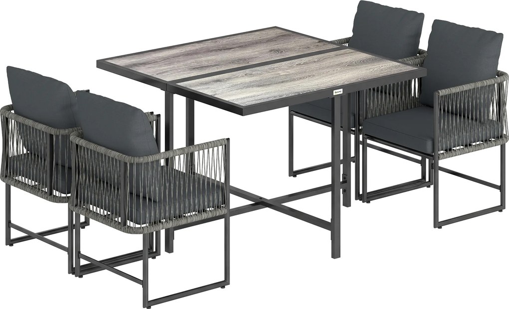 Outsunny Set mobilier grădină din polyrattan 5 piese, economisire de spațiu, set cu masă și 4 scaune, blat DPC, perne, gri | Aosom Romania