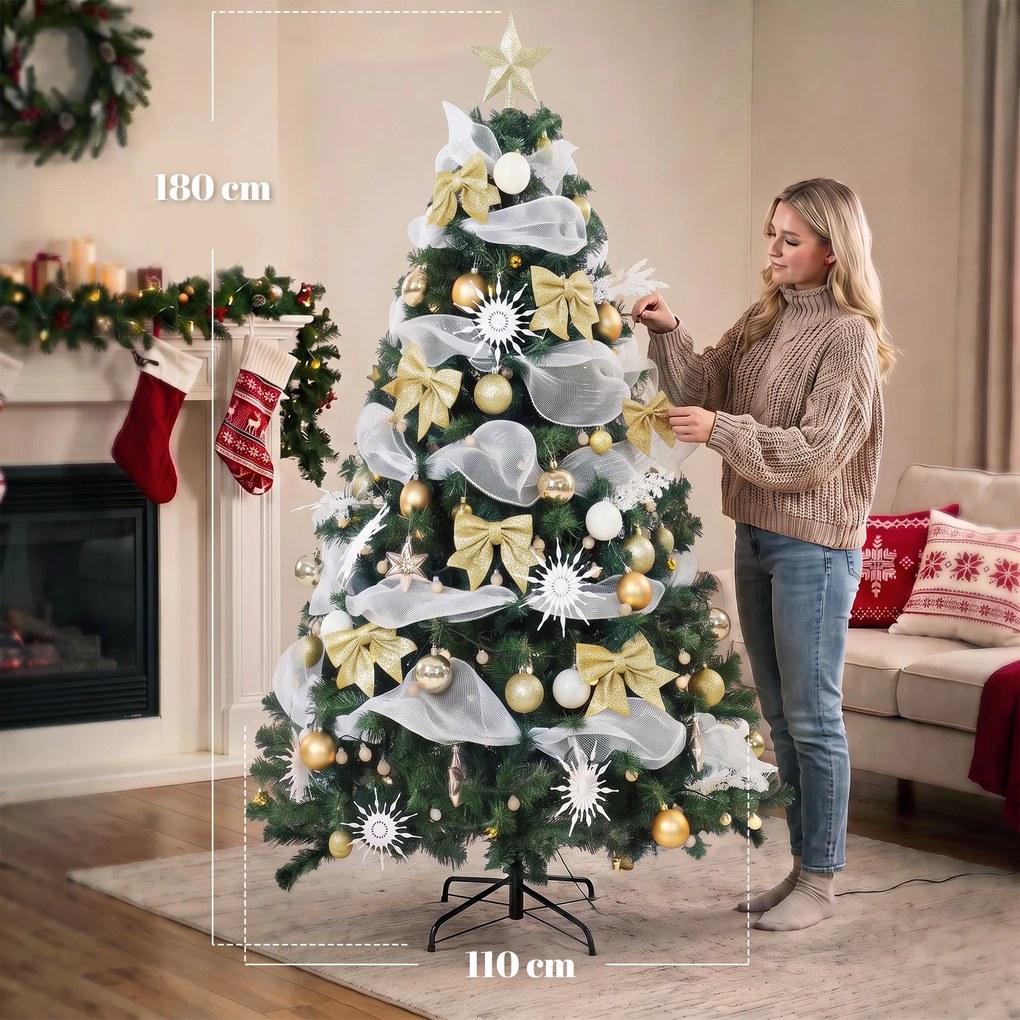 HOMCOM Brad de Crăciun 180cm cu 200 LED-uri Alb Cald, 8 Moduri, 800 Ramuri Ignifuge, Globuri, Panglici, Funde | Aosom Romania