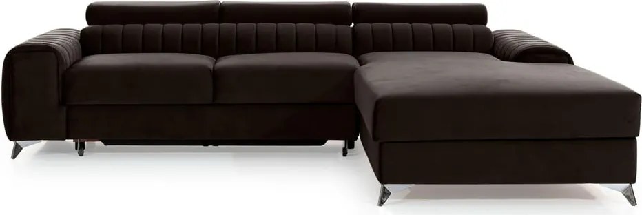 Colțar maro închis extensibil/cu spațiu de depozitare cu tapițerie din catifea (cu colț pe partea dreaptă/cu șezlong) Grayson – ELTAP