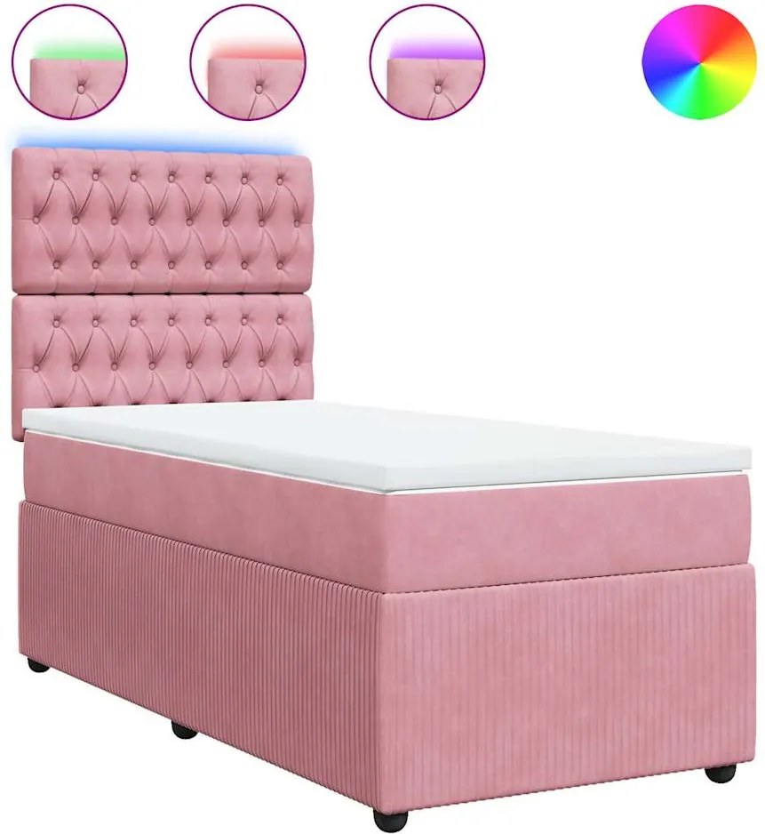 vidaXL Pat box spring cu saltea, roz, 90x200 cm, catifea