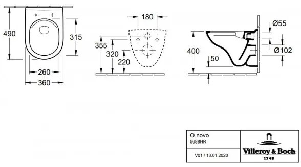 Set vas WC rimless suspendat, Villeroy&amp;Boch O.novo, DirectFlush, cu capac inchidere lenta, 36x49cm, 5688HR