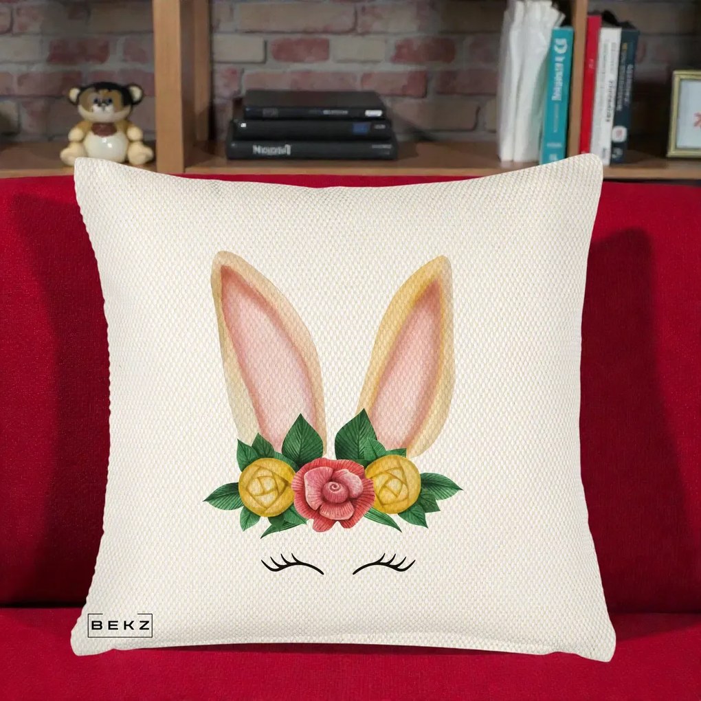 Perna Decorativa Iepuras Flori Urechi Pastelui, 40x40 cm, Crem Reliefat, Husa Detasabila, Perna Inclusa, BEKZ®