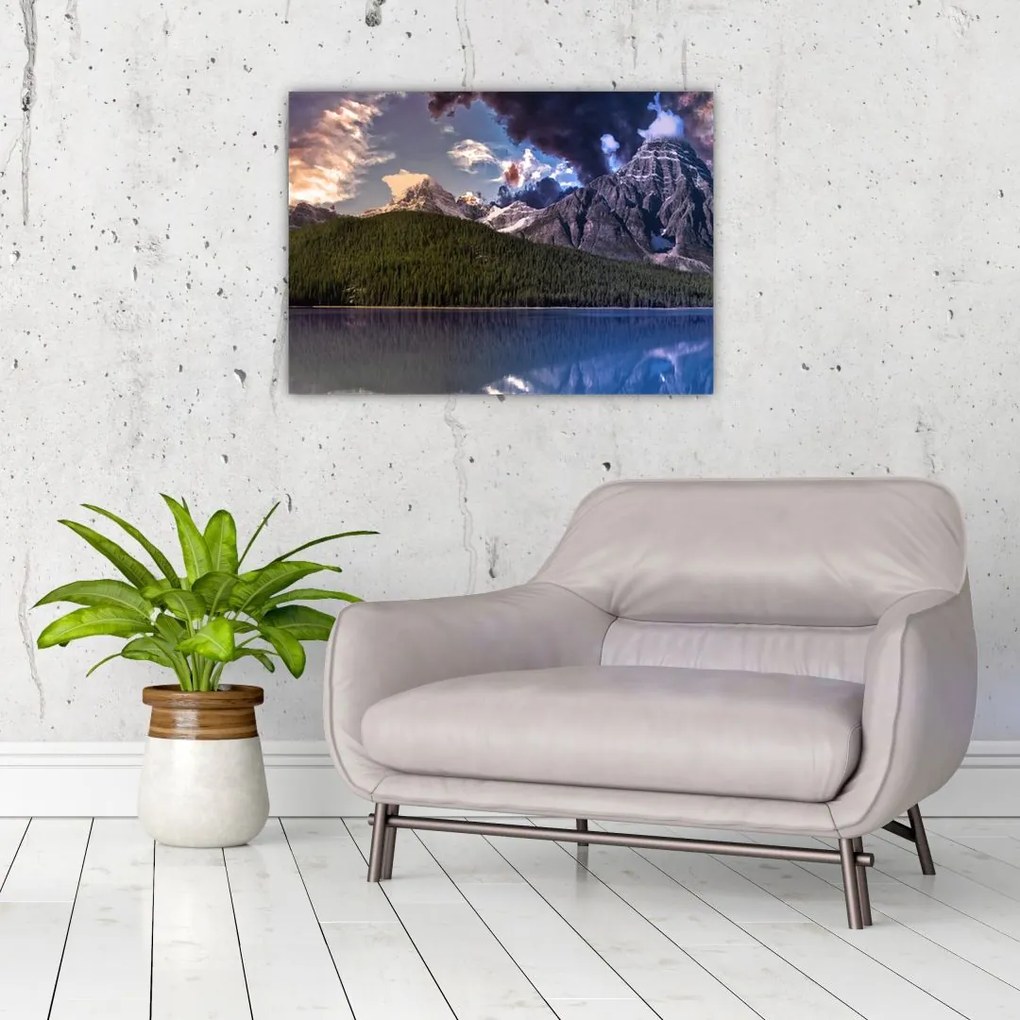 Tablou pe sticlă cu lac și munți (70x50 cm)
