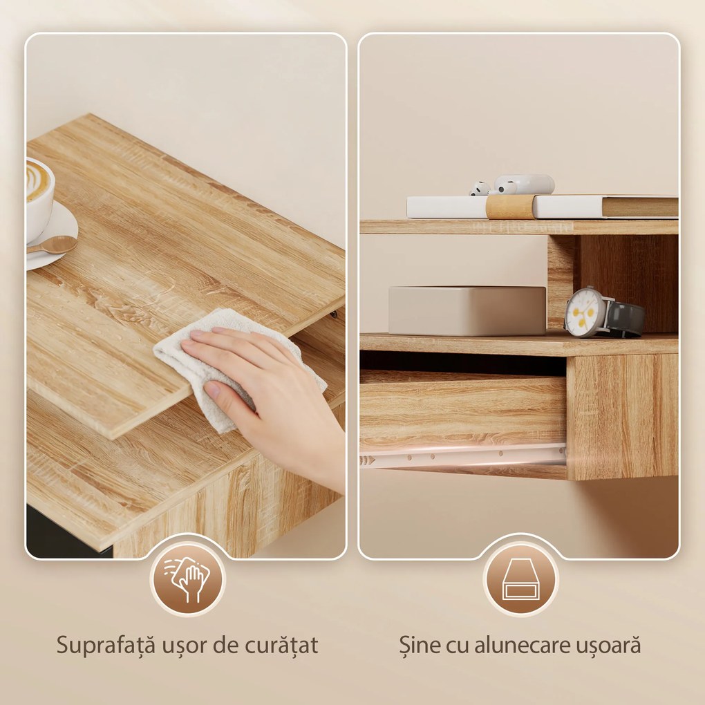 HOMCOM Set 2 Noptiere Suspendate pentru Dormitor, Design Modern cu Sertar și Raft, din Lemn, 35x32x22.5cm, Stejar și Negru | Aosom Romania