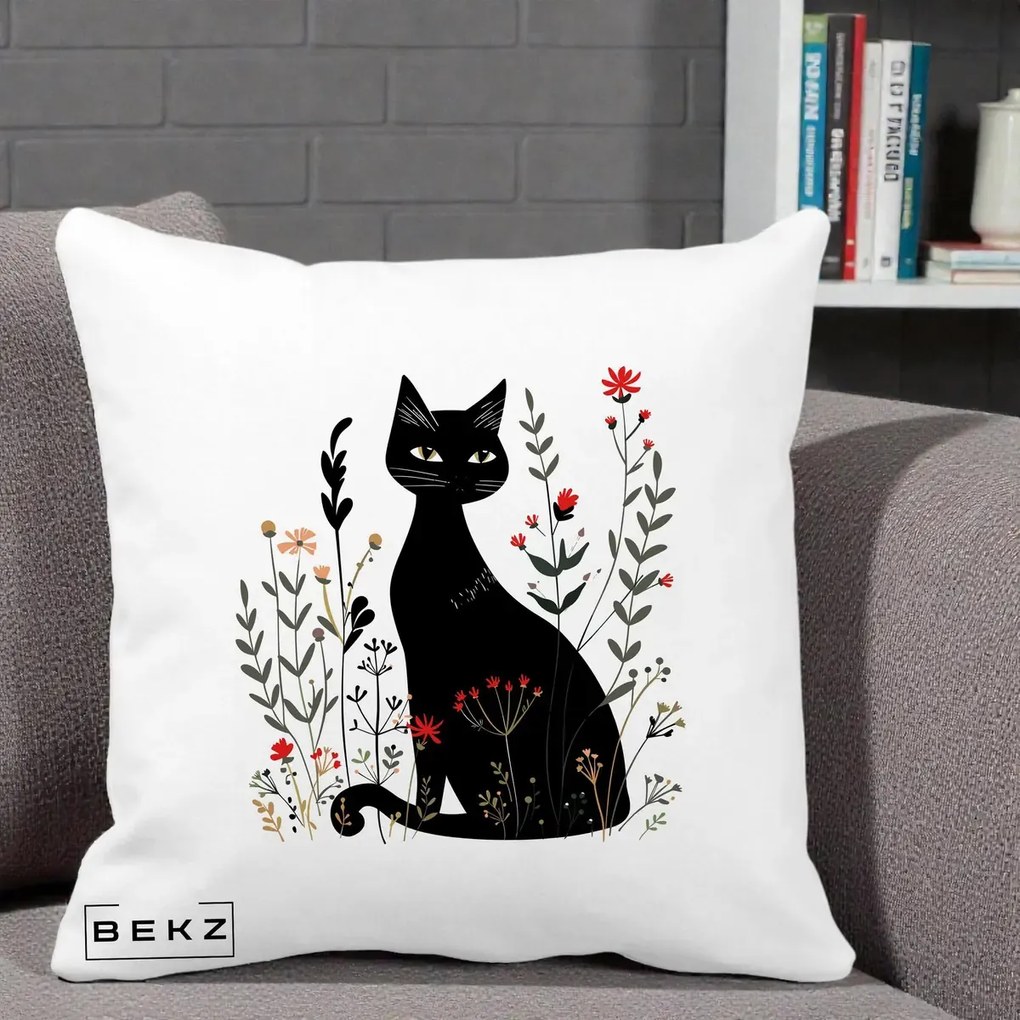 Perna Decorativa Pisica Neagra Botanica Rosu-Gri, 40x40 cm, Alba Mata, Husa Detasabila, Perna Inclusa, BEKZ®