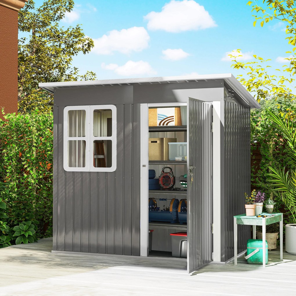 Outsunny magazie grădină căsuță de grădină pentru unelte cu ușă largă și fereastră, 221x133x190 cm gri închis | Aosom Romania