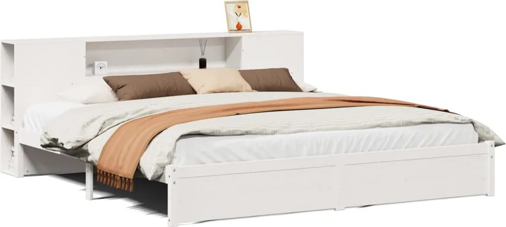 vidaXL Pat cu bibliotecă fără saltea, alb, 200x200 cm, lemn masiv pin