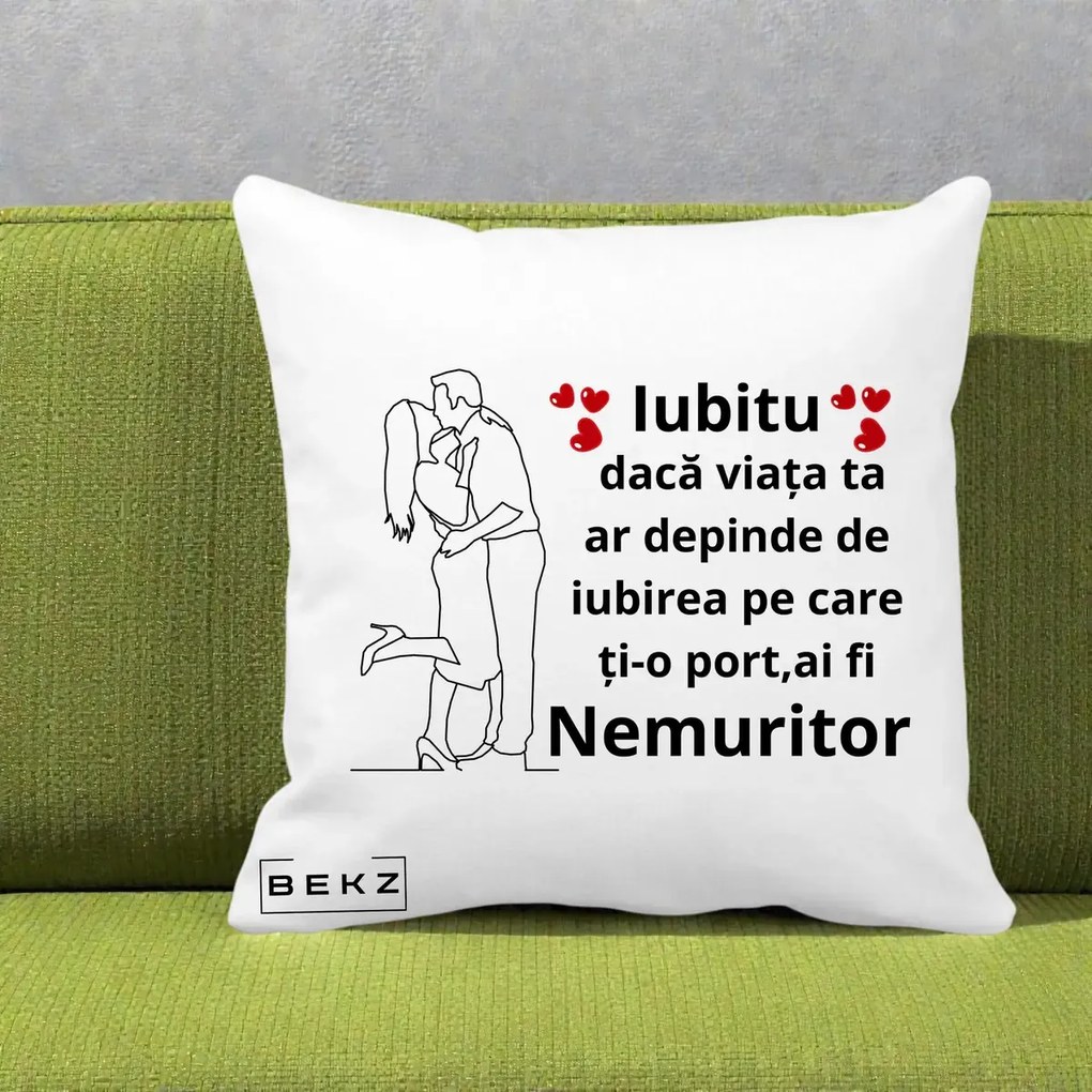 Cadou pentru Iubit - Perna Personalizata Iubitu Nemuritor cu Cuplu Line-Art si Inimi Rosii, 40x40 cm, Alba Mata, Husa Detasabila, Perna Inclusa, BEKZ®