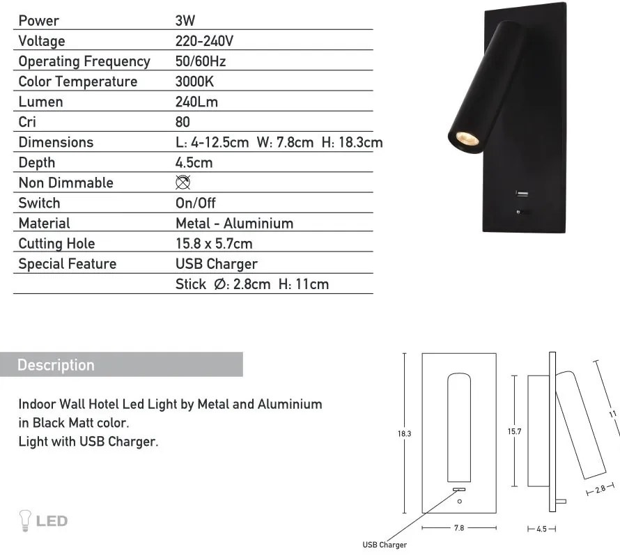 Aplica moderna cu spot LED directionabil USB Charger Hotel negru