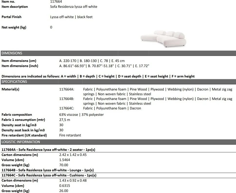 Canapea fixa design LUX din 2 module Residenza, Lyssa off-white