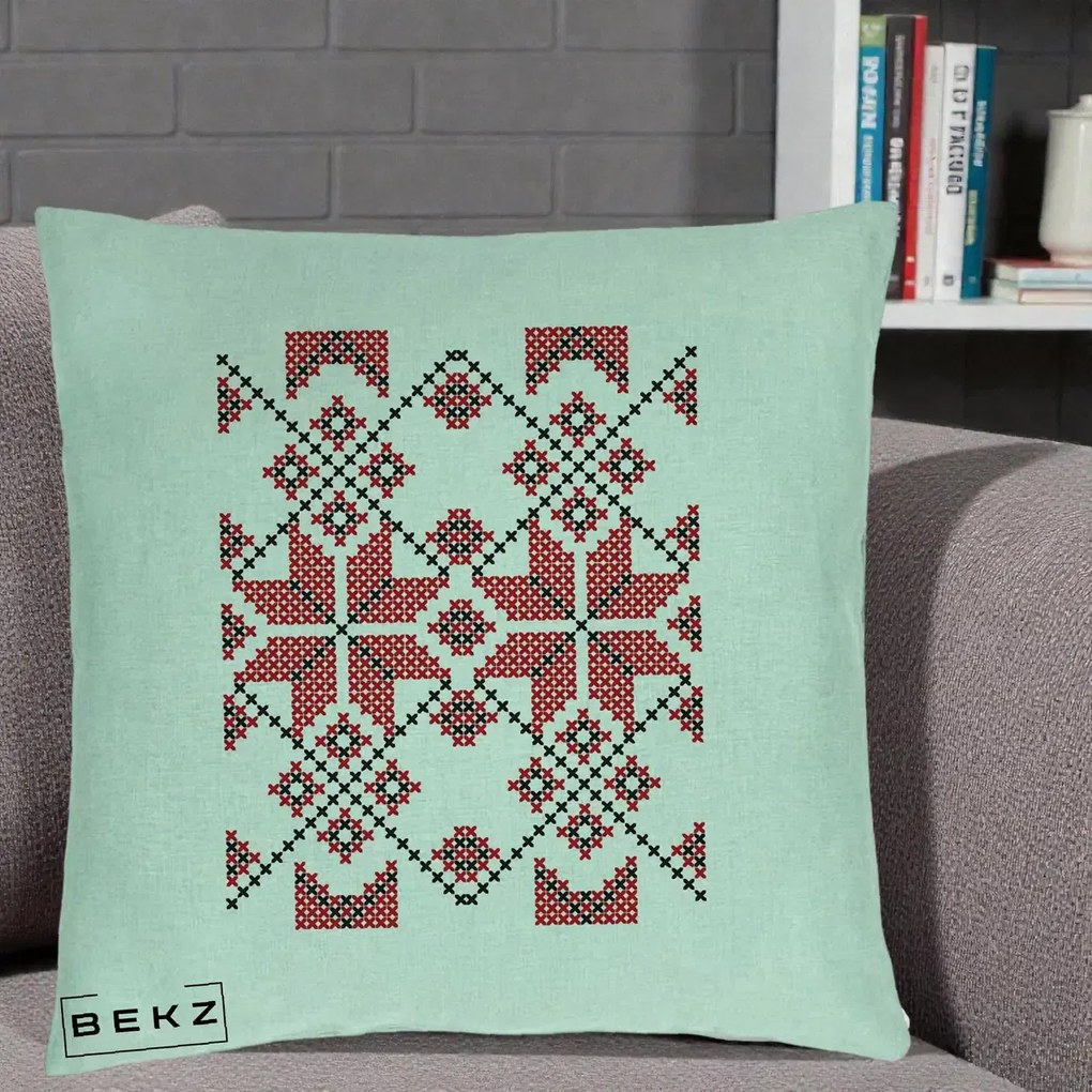 Perna Personalizata Motiv Traditional Cusatura Rosu-Negru, 40x40 cm, Verde Menta, Husa Detasabila, Perna Inclusa, BEKZ®
