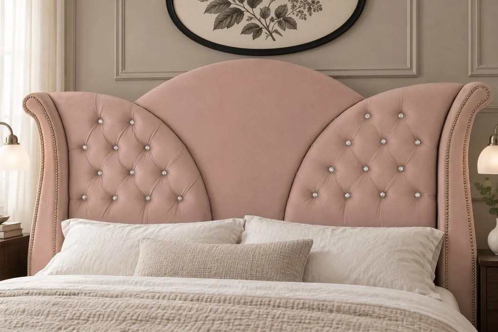Pat tapițat Chesterfield din catifea Velora Deluxe 140×200 cm, cappuccino, cu ladă de depozitare
