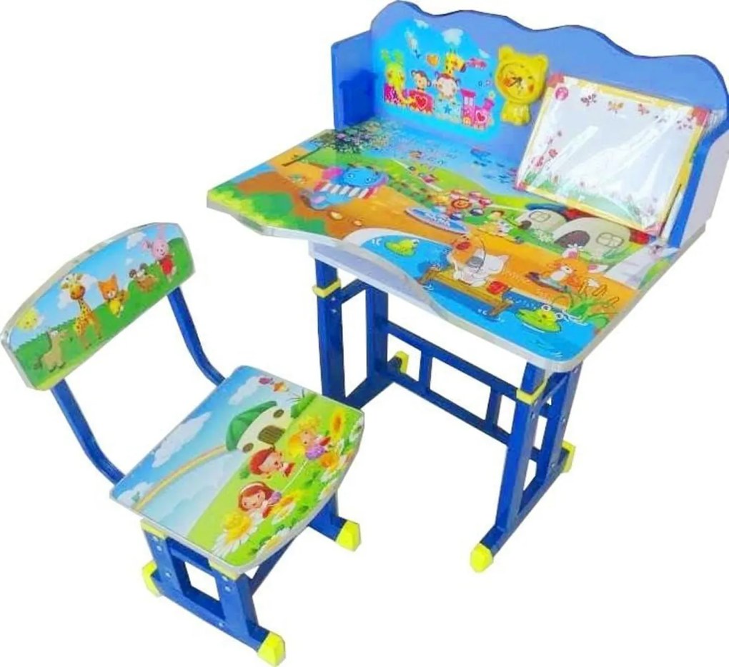 Birou copii din MDF cu jucarii interactive Novokids™ My little desk, dimensiuni 70X44X67, cadru metalic, masuta copii, Albastru