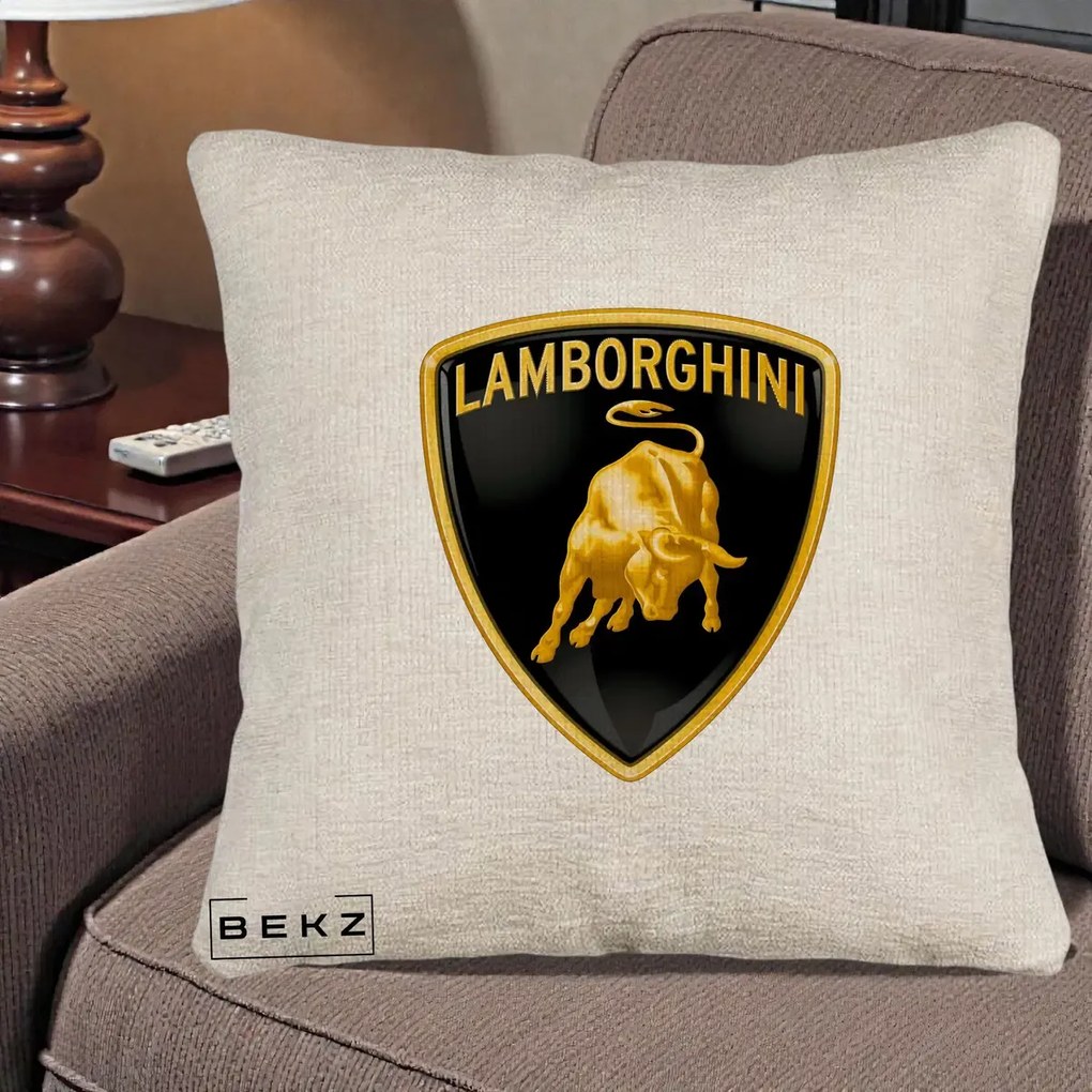 Perna Personalizata cu emblema Lamborghini, 40x40 cm, Bej Canapea, Husa Detasabila, Perna Inclusa, BEKZ®