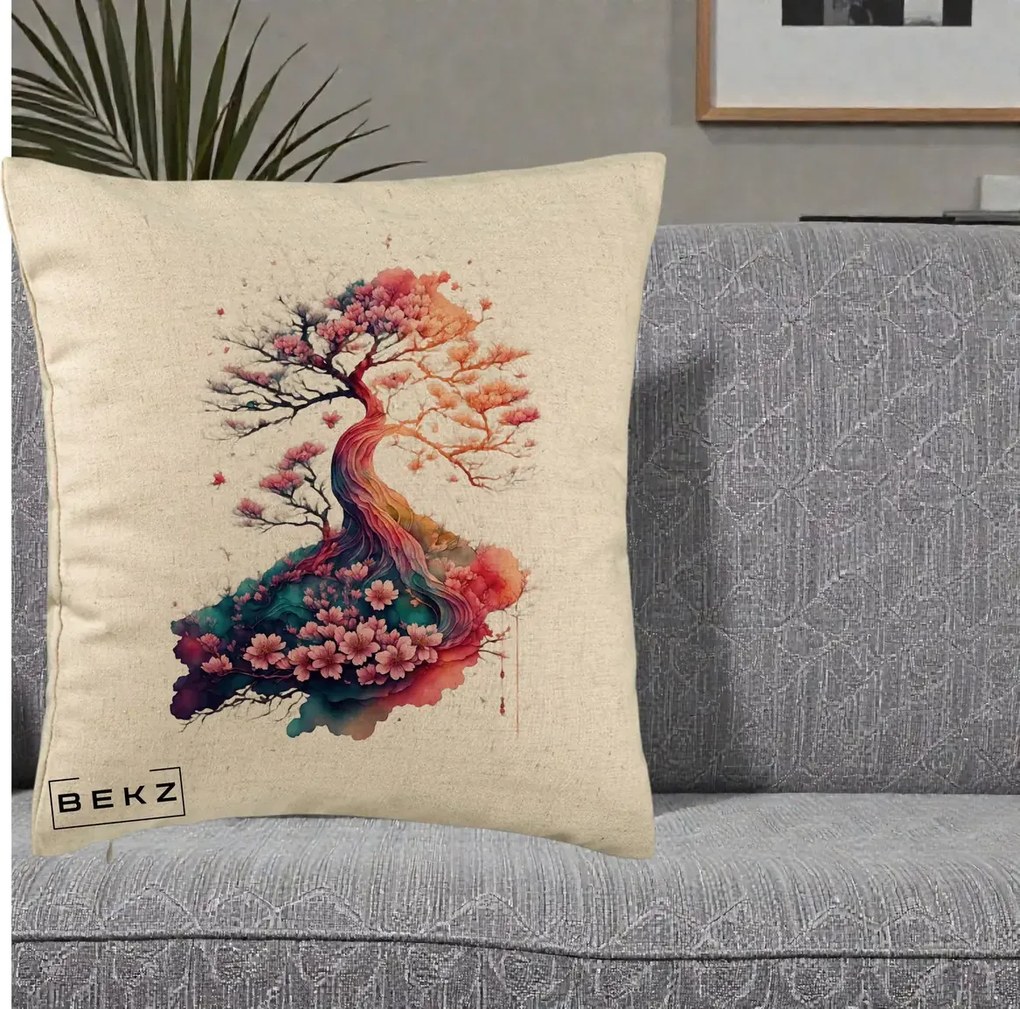 Perna Decorativa Copac Sakura Acuarela Fantasy, 40x40 cm, Bej, Husa Detasabila, Perna Inclusa, BEKZ®