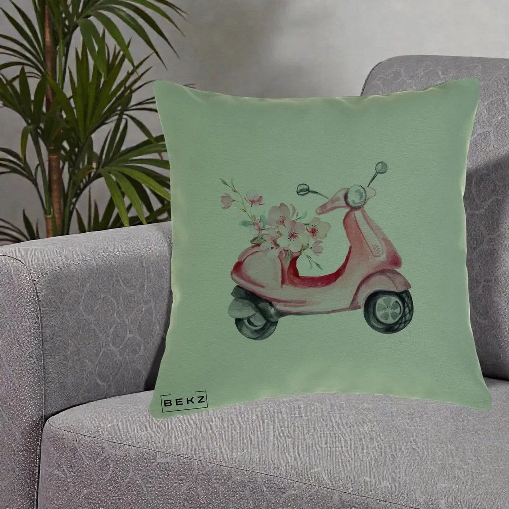 Perna Decorativa Scuter Roz cu Flori Acuarela, 40x40 cm, Verde, Husa Detasabila, Perna Inclusa, BEKZ®