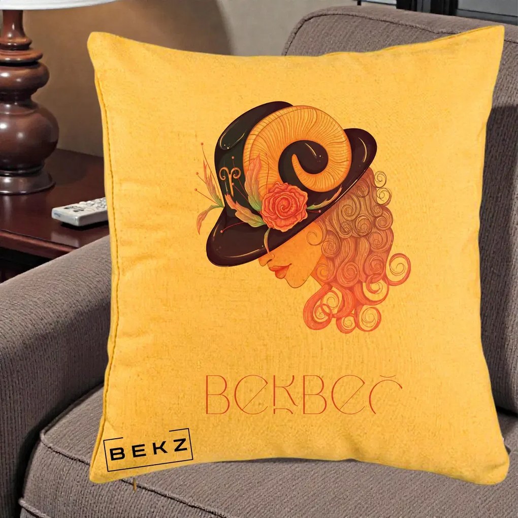Perna Personalizata Zodie Berbec, 40x40 cm, Galben, Husa Detasabila, Perna Inclusa, BEKZ®