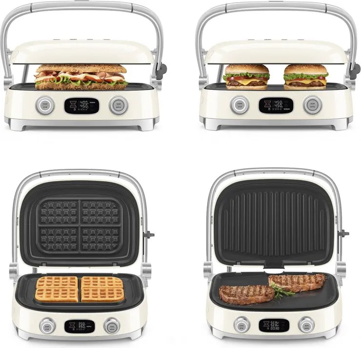 Grătar multifuncțional SMEG 50's Style MGF01CREU, 2100 W, 60-230 °C, 3 programe, acoperire ceramică, tavă de scurgere, semnal sonor, cronometru, culoare crem