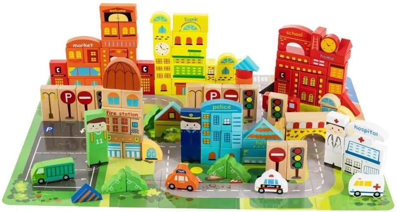 Set Blocuri educative din lemn pentru copii, cu covor tip puzzle, 196 elemente, multicolor