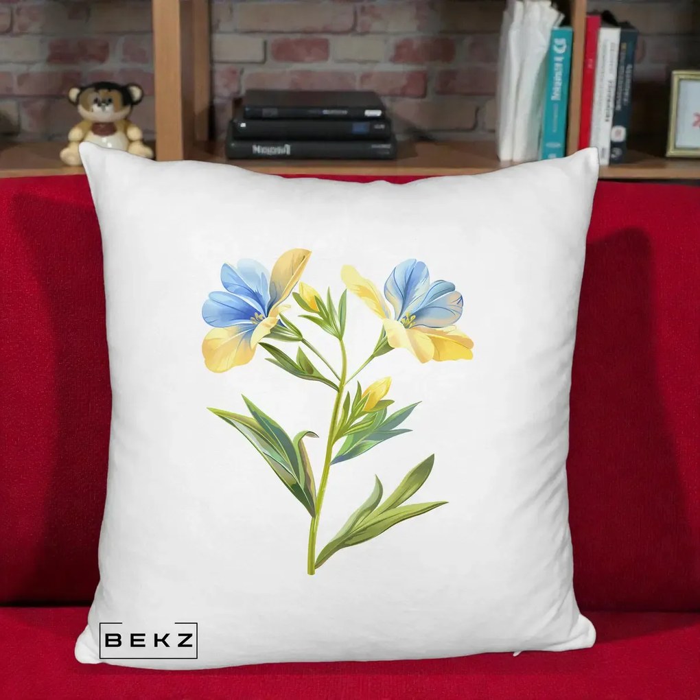Perna Decorativa Botanica Frezie Galbena si Albastra, 40x40 cm, Alb Pufos, Husa Detasabila, Perna Inclusa, BEKZ®