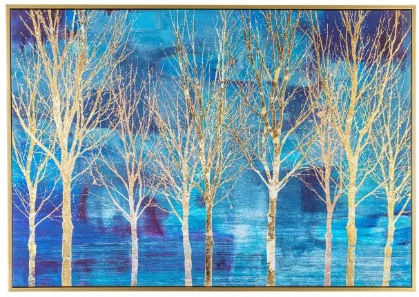 Tablou decorativ albastru/auriu din lemn de Pin si panza, 100x3,2x70 cm, Galeria Trees Bizzotto