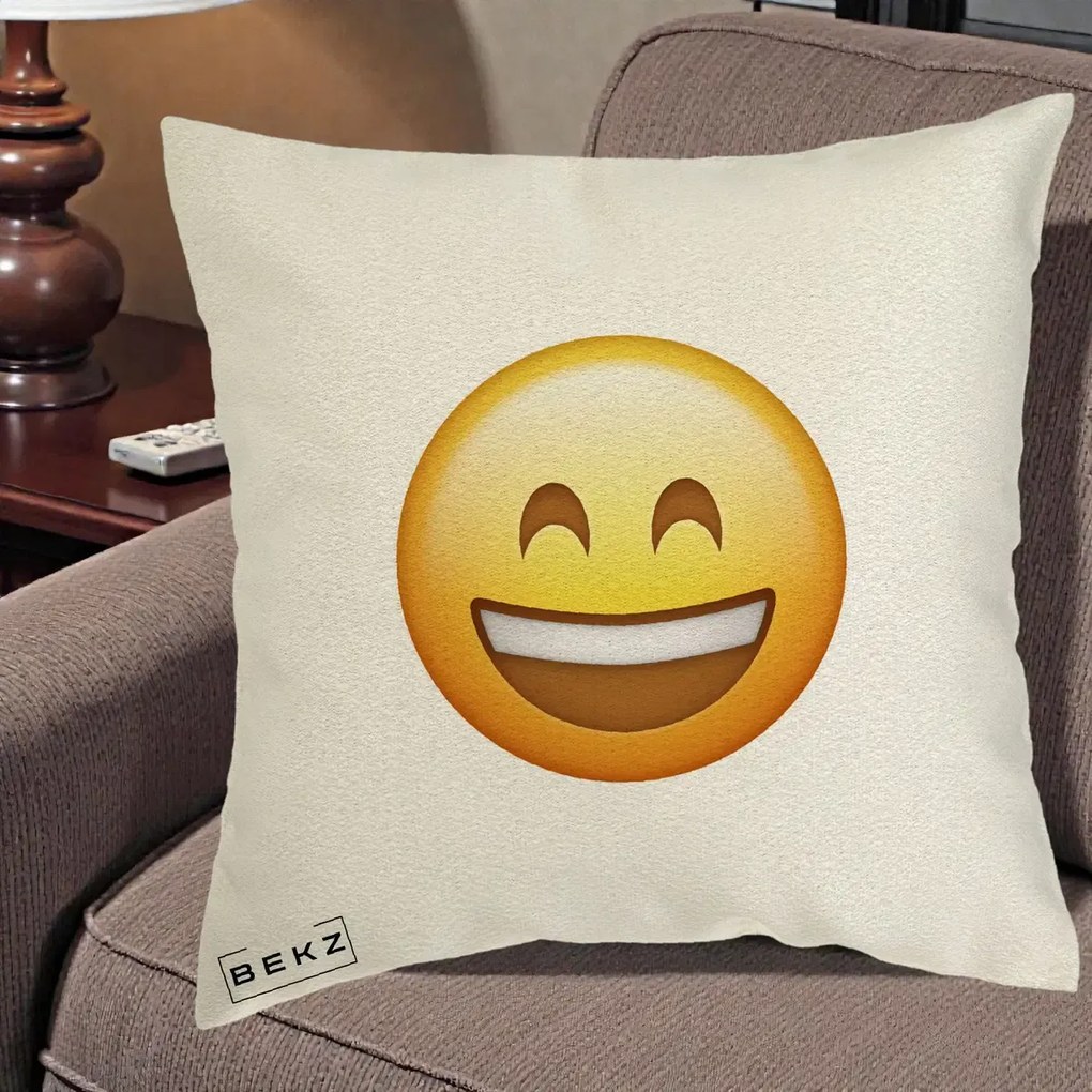 Perna Decorativa Emoji Zambet Mare, 40x40 cm, Ecru, Husa Detasabila, Perna Inclusa, BEKZ®