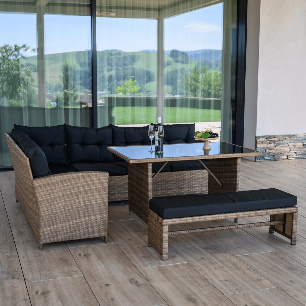 Set de grădină din ratan, maro deschis / negru, MADUL