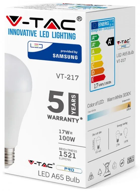 Bec LED 17W(100W) V-TAC, E27, cip Samsung, 1521 lm, lumina calda (3000K), clasa energetica F