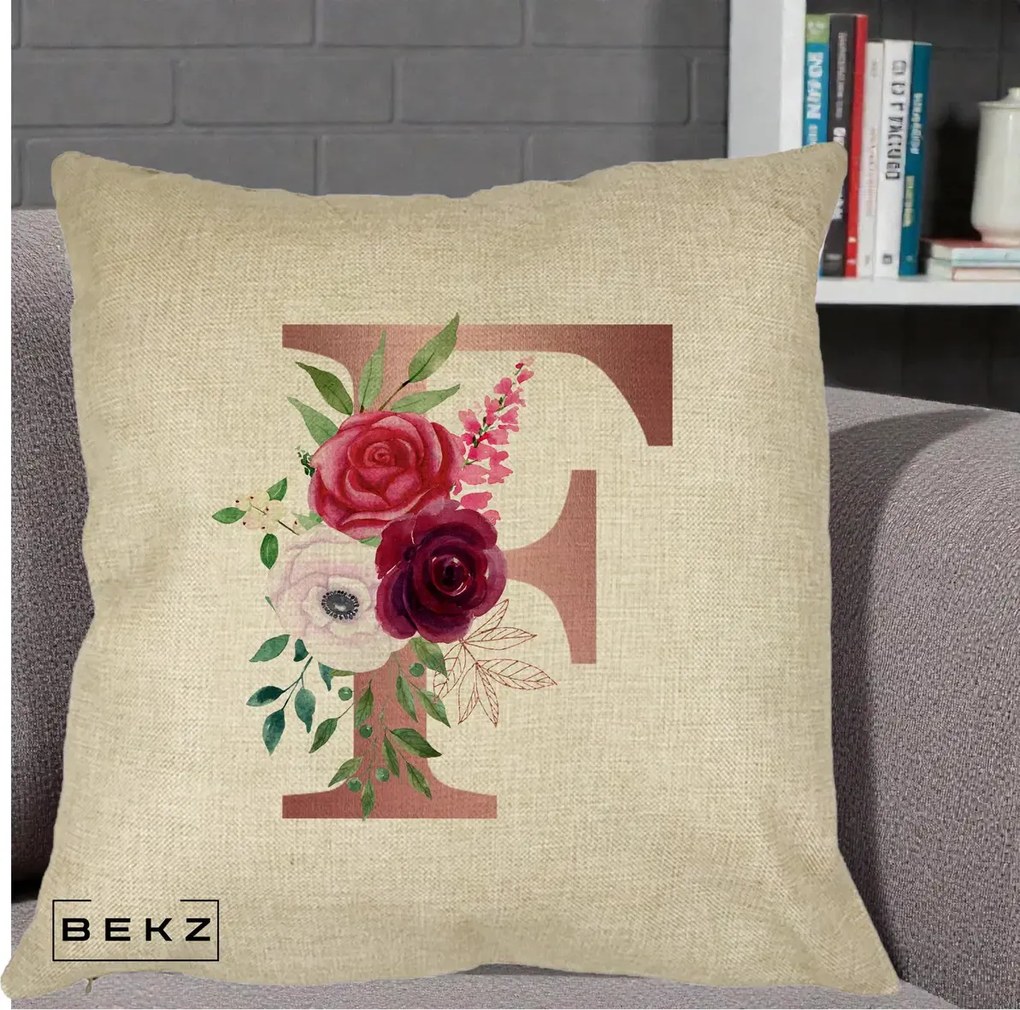 Cadou Personalizat - Perna Personalizata Monograma Rose Gold Litera F, 40x40 cm, Crem, Husa Detasabila, Perna Inclusa, BEKZ®