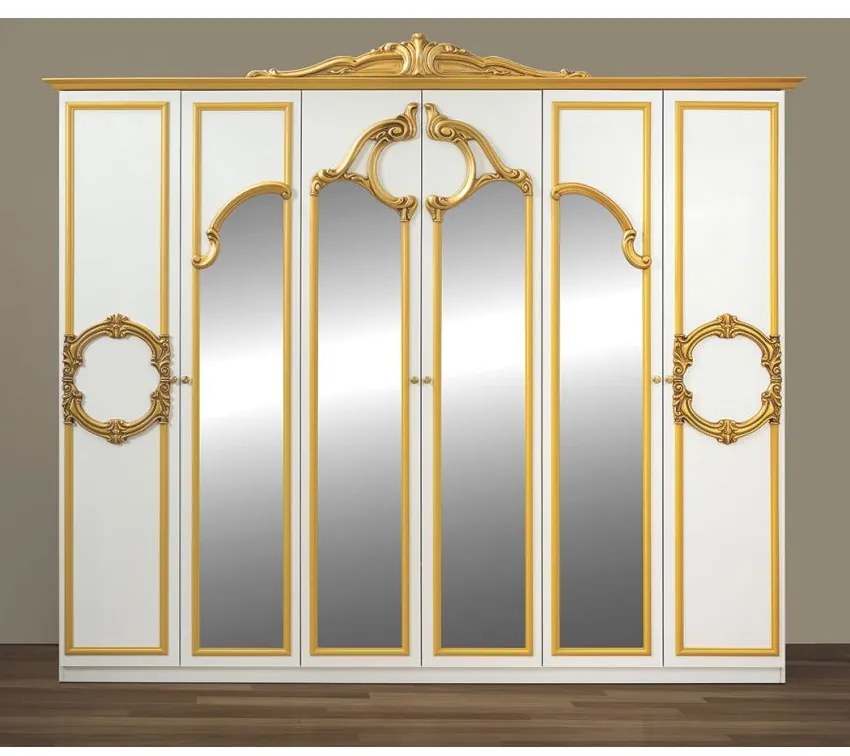 Dormitor Barocco, culoare alb / auriu, cu pat tapitat 160 x 200 cm, dulap cu 6 usi si oglinda, comoda, 2 noptiere (saltea si somiera incluse)