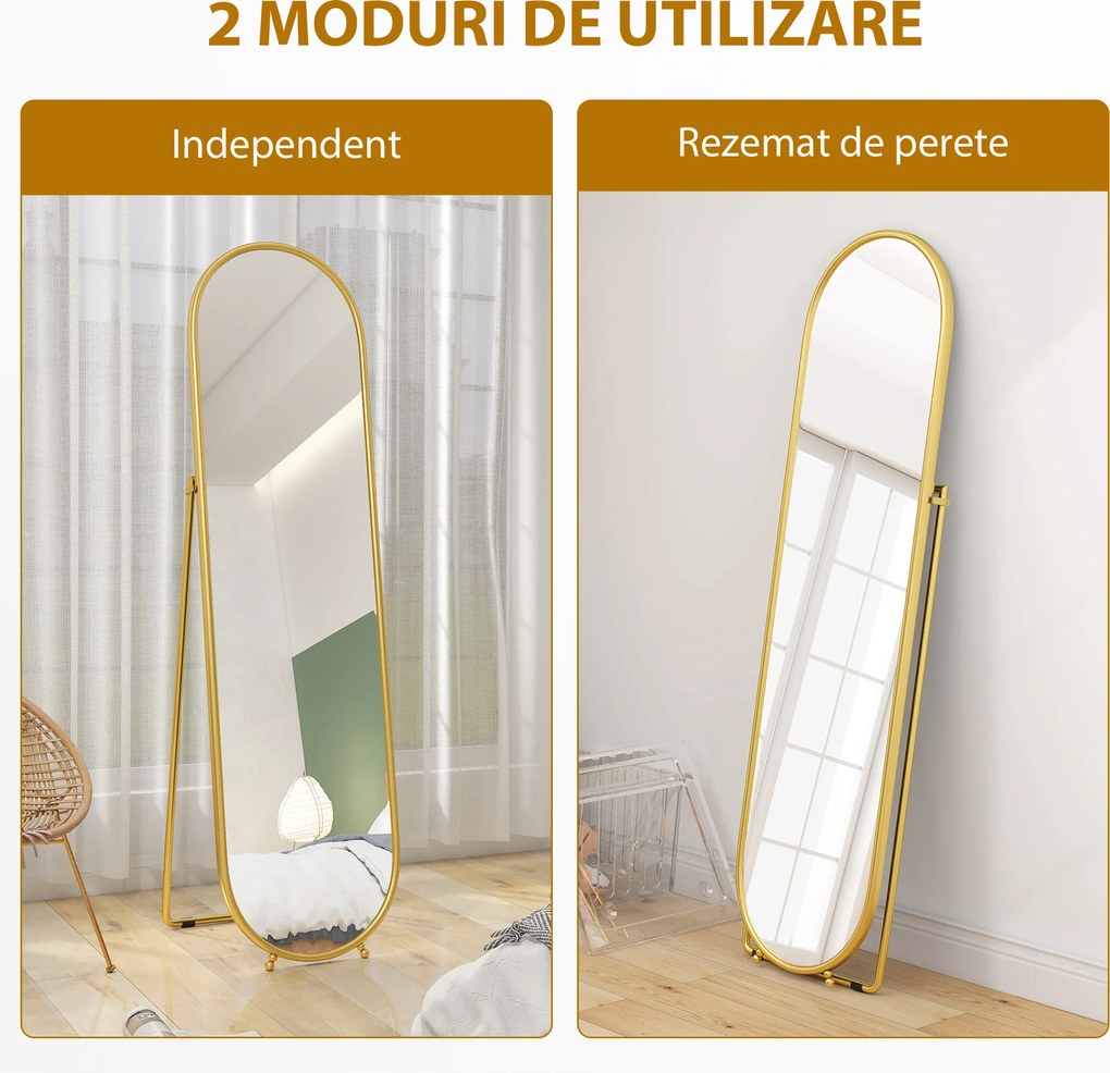 HOMCOM Oglindă Înaltă cu Cadru de Susținere, Oglindă Ovală pentru Dormitor sau Living, 40x4x160 cm, Auriu | Aosom Romania